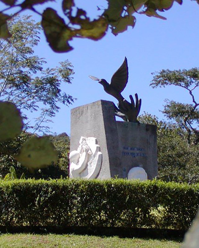 The peace dove monument at the University for Peace, Costa Rica, where the Institute's foundational research began.