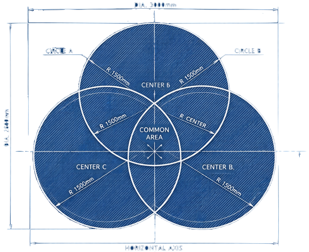 Blueprint technical drawing of three overlapping circles with a common area